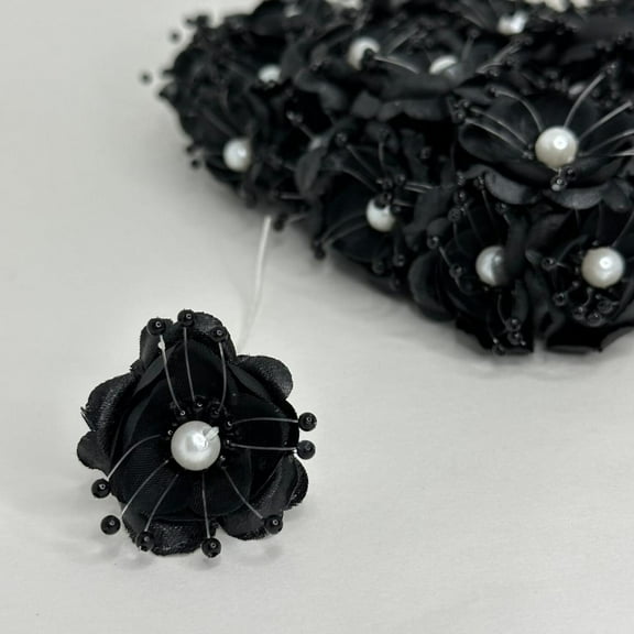 Organza and Satin Flower with Pearl Spray Black (72 Flowers)