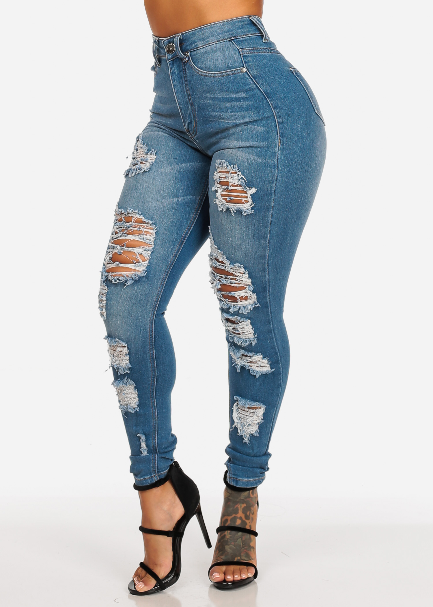 Womens Juniors Women's Junior Ladies Casual Sexy Ultra High Waisted Light Wash Distressed Ripped 1 Button Stretchy Skinny Jeans 10583W - image 1 of 4