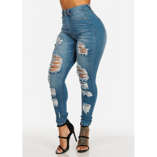 Womens Juniors Women's Junior Ladies Casual Sexy Ultra High Waisted Light Wash Distressed Ripped 1 Button Stretchy Skinny Jeans 10583W