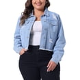 thumbnail image 1 of Chaquetas de mezclilla para mujer de tallas grandes Agnes Orinda, chaqueta de mezclilla recortada con botones, mangas largas, desgastada y deshilachada, 2X azul, 1 of 5