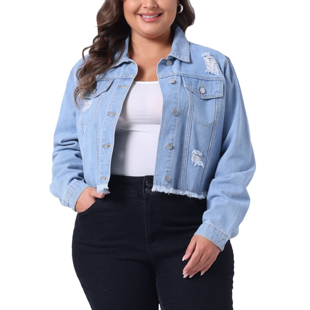 Chaquetas de mezclilla para mujer de tallas grandes Agnes Orinda, chaqueta de mezclilla recortada con botones, mangas largas, desgastada y deshilachada, 2X azul