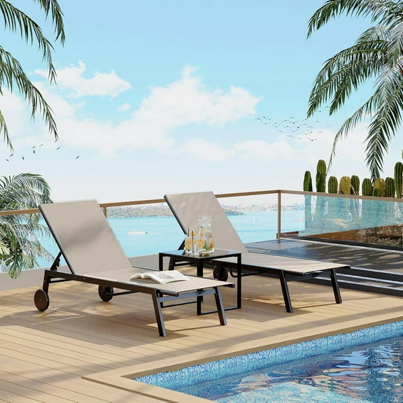 IdealHouse 3-Piece Outdoor Lounge Set, Metal Chaise Recliners (2 Chairs) with Side Table, 5-Position Adjustable Poolside Patio Loungers with Wheels, Khaki