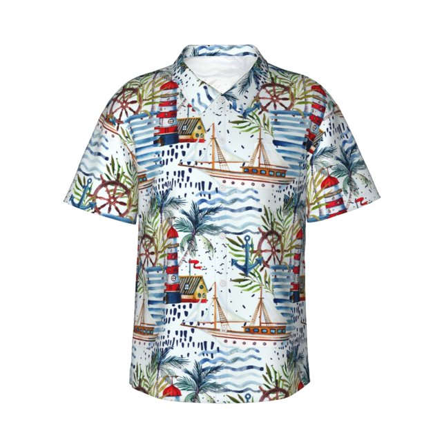 Fotbe Watercolor Sailboat Camisa Hawaiana para Hombre Unisex – Camisa Casual de Verano con Botones de Manga Corta de Algodón y Lino,Medium
