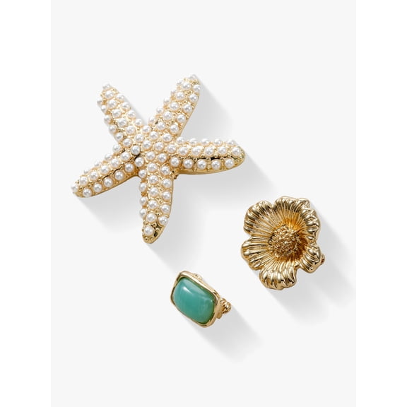 Time and Tru Starfish, Flower & Green Stone Brooch/Charm Set