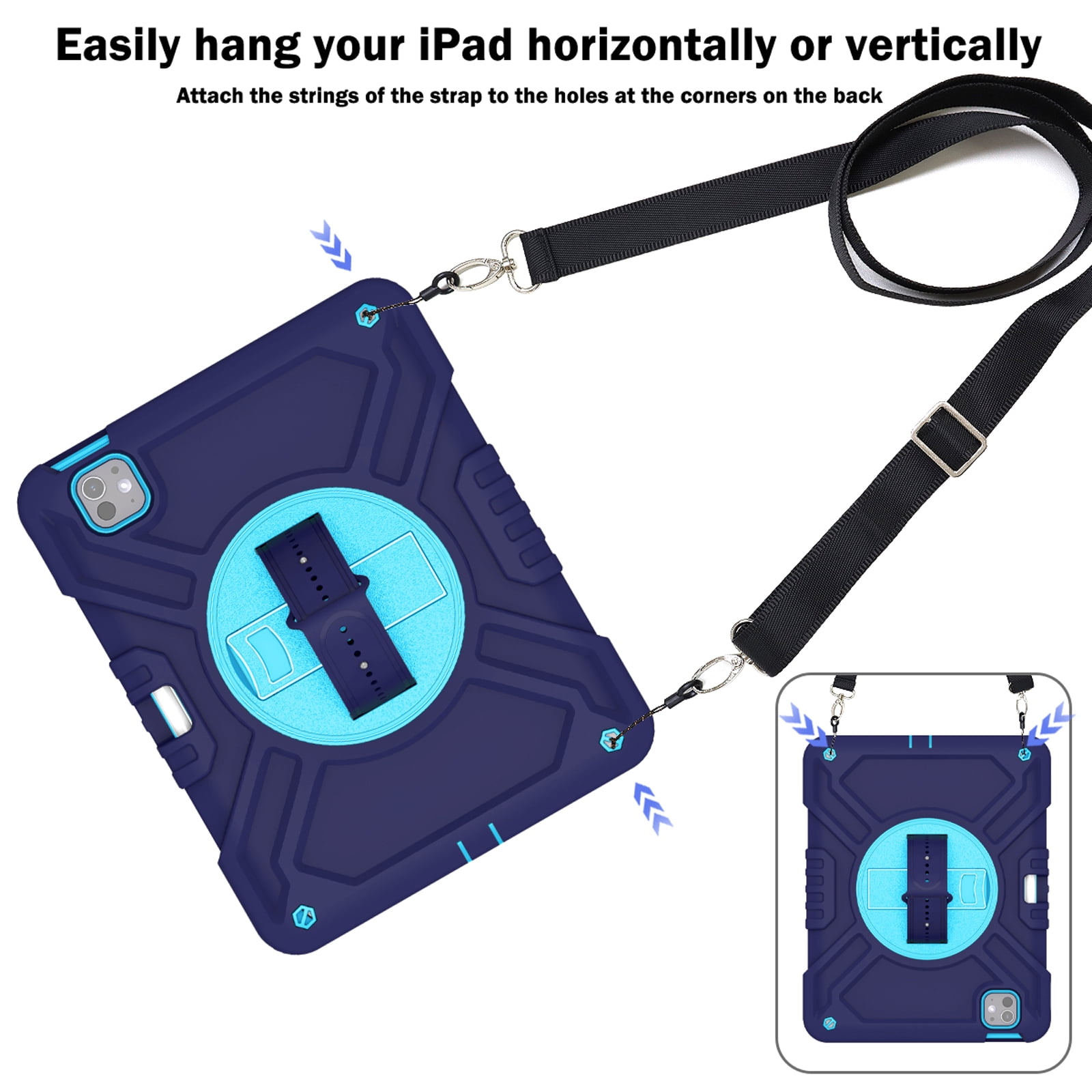 Military Grade Case for Apple iPad Pro 11 2024,Shoulder Strap Shockproof iPad Case with Pencil Holder 360 Rotating Hand Strap+Kicstand Rugged Siicone and Hard PC Case,Navyblue