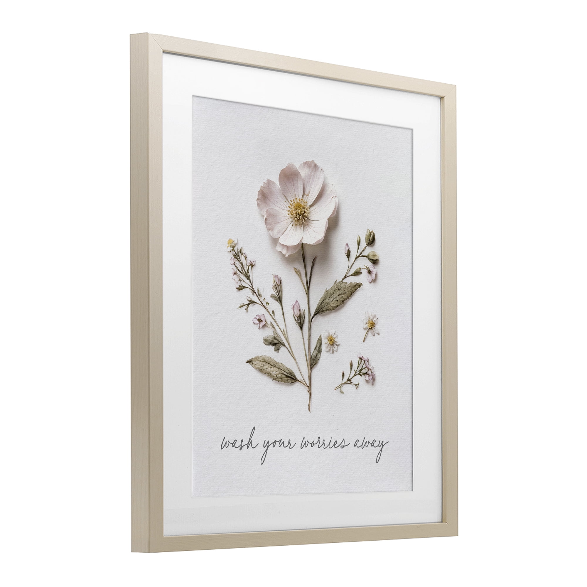 Pressed Flower Wash Worries Away Birch Framed Print Under Glass, design by Lettered and Lined