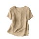 thumbnail image 4 of Craaazy Women Casual Loose Fit Blouse, Solid Color Short Sleeve Cotton Linen Top, Comfy Round Neck Embroidered Tunic for Daily Wear Gifts, 4 of 8