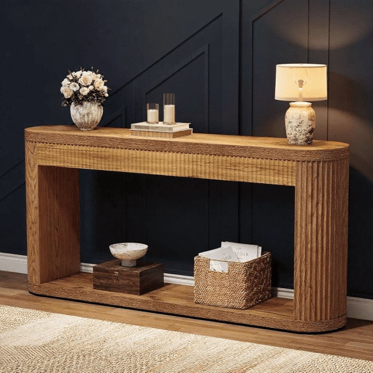 63" Industrial Console Table - Fluted Design with Semi-Cylinder Support, Narrow Entryway Table, MDF with Adjustable Pads for Hallway Sofa, Brown