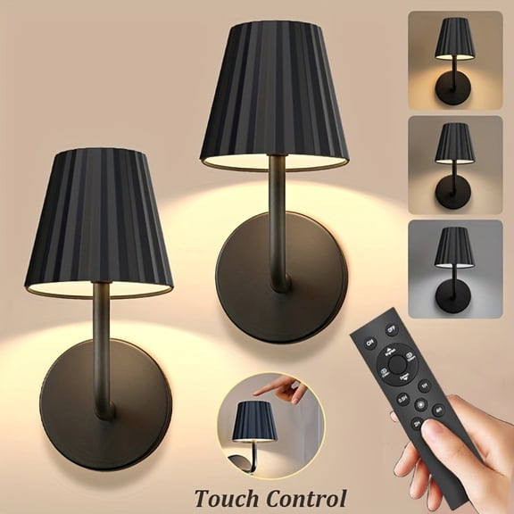 Jercoda 2 Pack Wireless Wall Sconces with Remote Control, 2000mAh Rechargeable Arm Wall Lights with Touch Control, Black Metal Wall Lamps for Bedroom Living Room, Set of 2