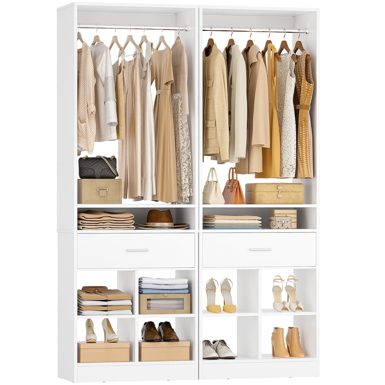 Homieasy 2-Pack Freestanding Closet System with 2 Wood Drawers & 8 Cubby Storage, Double Garment Rack Organizer ,50''W x 80''H, for Walk-In Closets,White