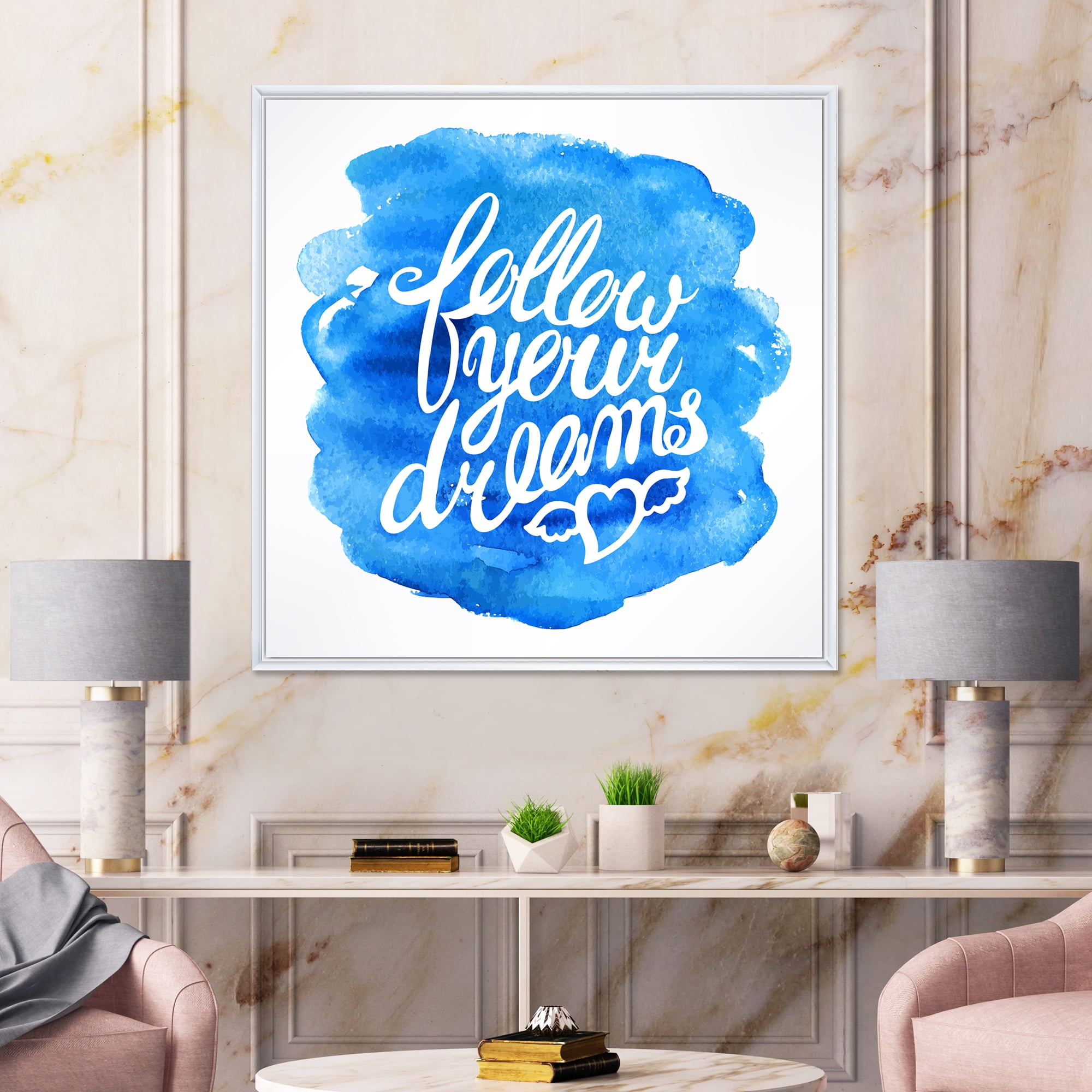 Designart 'Follow Your Dreams On Blue I' Modern Framed Canvas Wall Art Print
