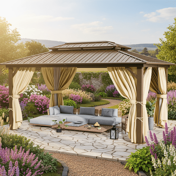 HOTEEL 10'x12' Hardtop Gazebo Aluminum Gazebo with Galvanized Steel Double Roof, Outdoor Permanent Frame Canopy Metal Pavilion for Patio, Backyard, Garden (Dark Brown)