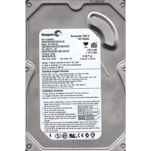 ST3120213A, 5LS, WU, PN 9BD01C-301, FW 2AAA, Seagate 120GB IDE 3.5 Hard Drive