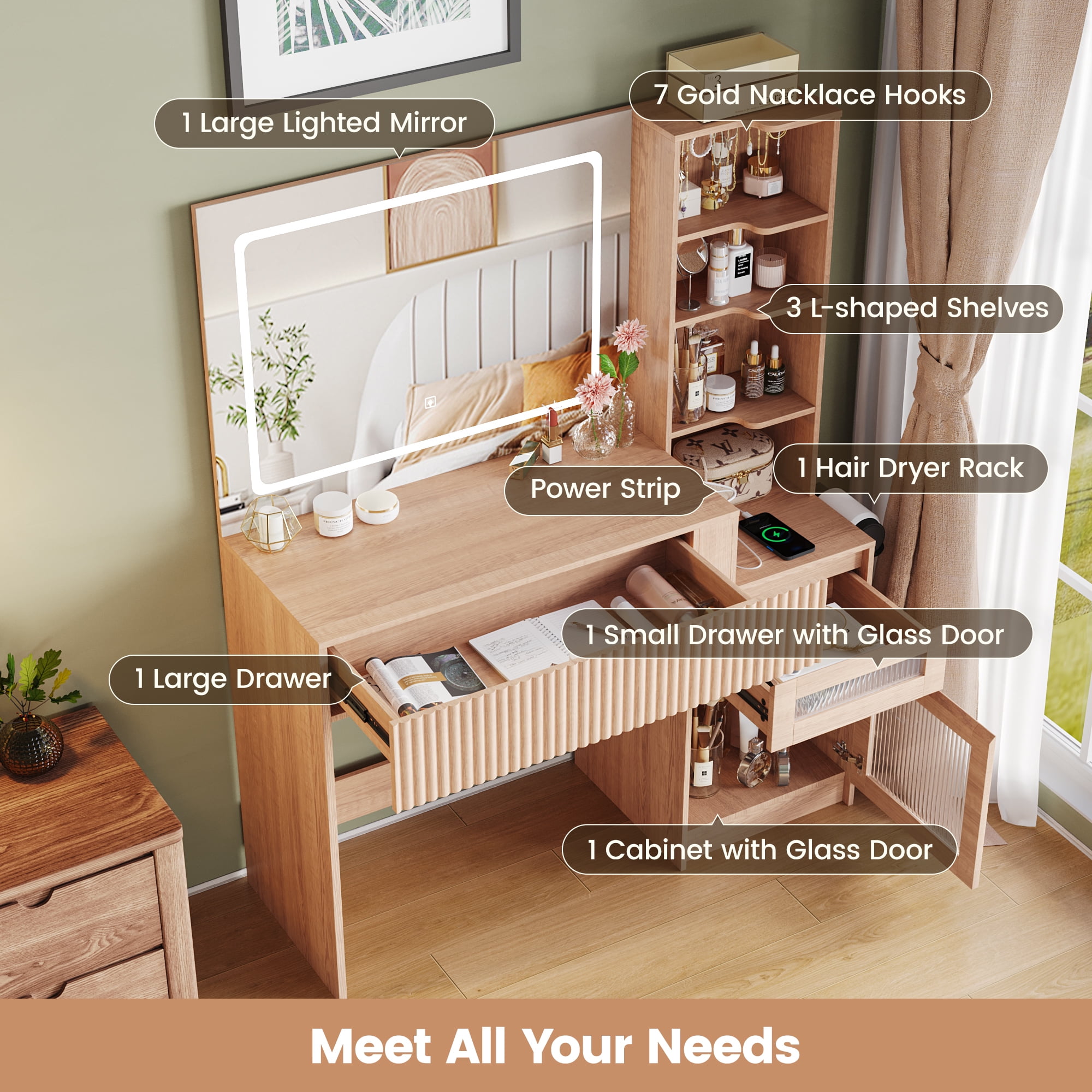 Vanity Desk with Mirror and Lights, Makeup Table with USB Charging Station, 2 Drawers and Storage Shelves, Brown