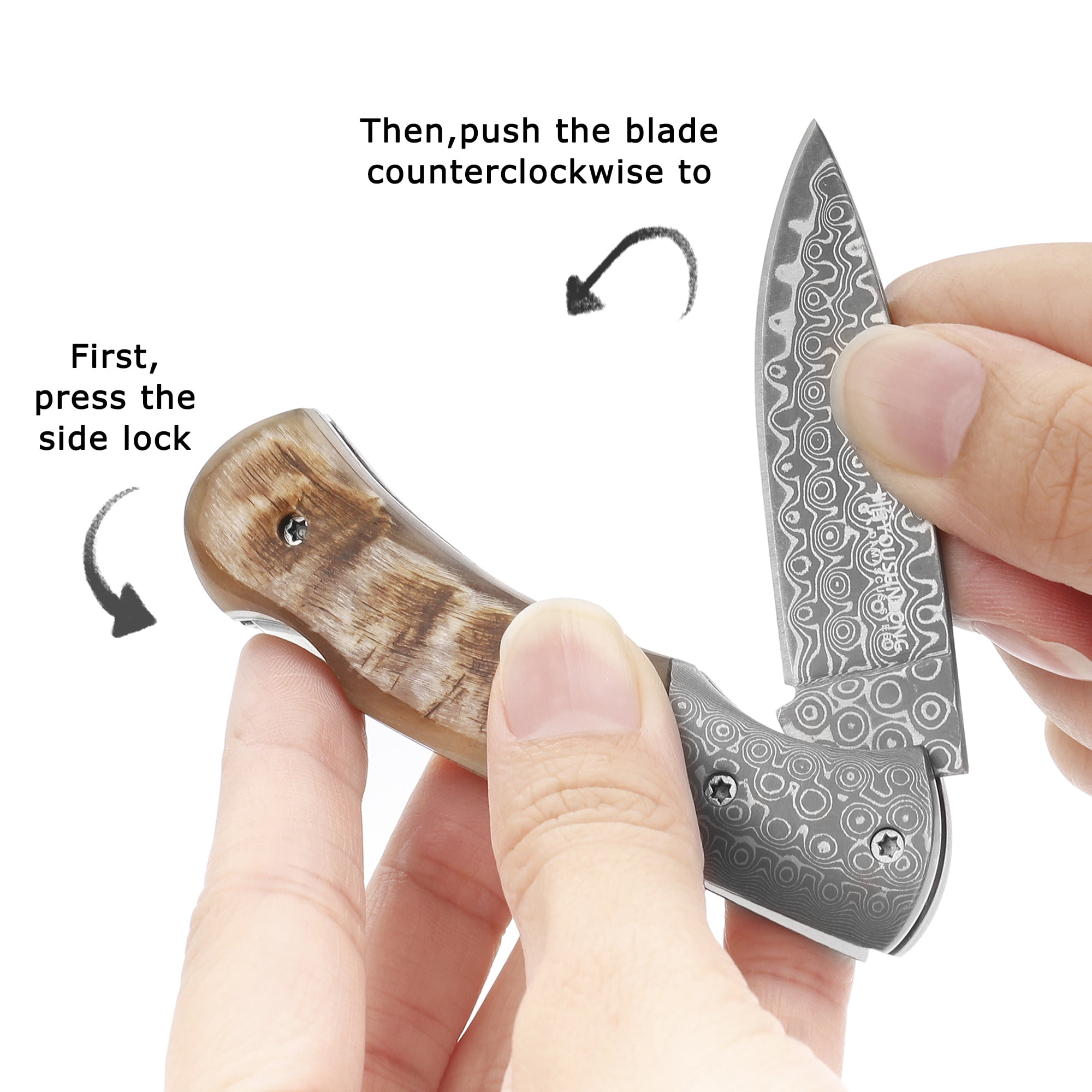 YOUSUNLONG Folding Knife - Camping Knife Overall 140mm Japanese Damascus Steel Antelope Horn Handle