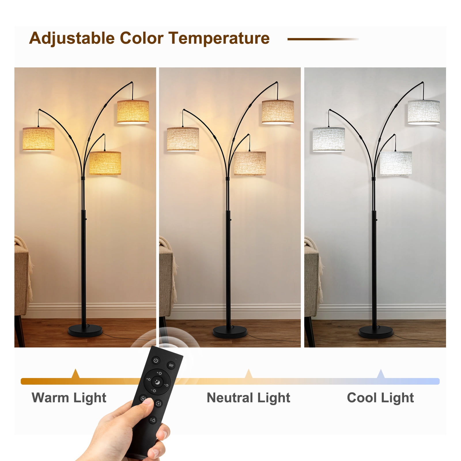 Netin 80” 3-Light Modern Dimmable Black Arc Floor Lamp with Beige Shades