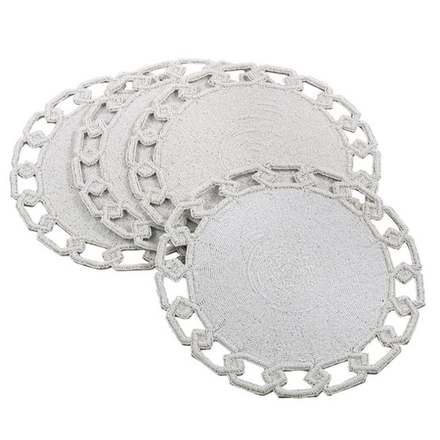 Saro Lifestyle 905.W15R 15 in. Rond Amara Chaîne Lien Conception Perlé Set de Table&44; Blanc - Lot de 4