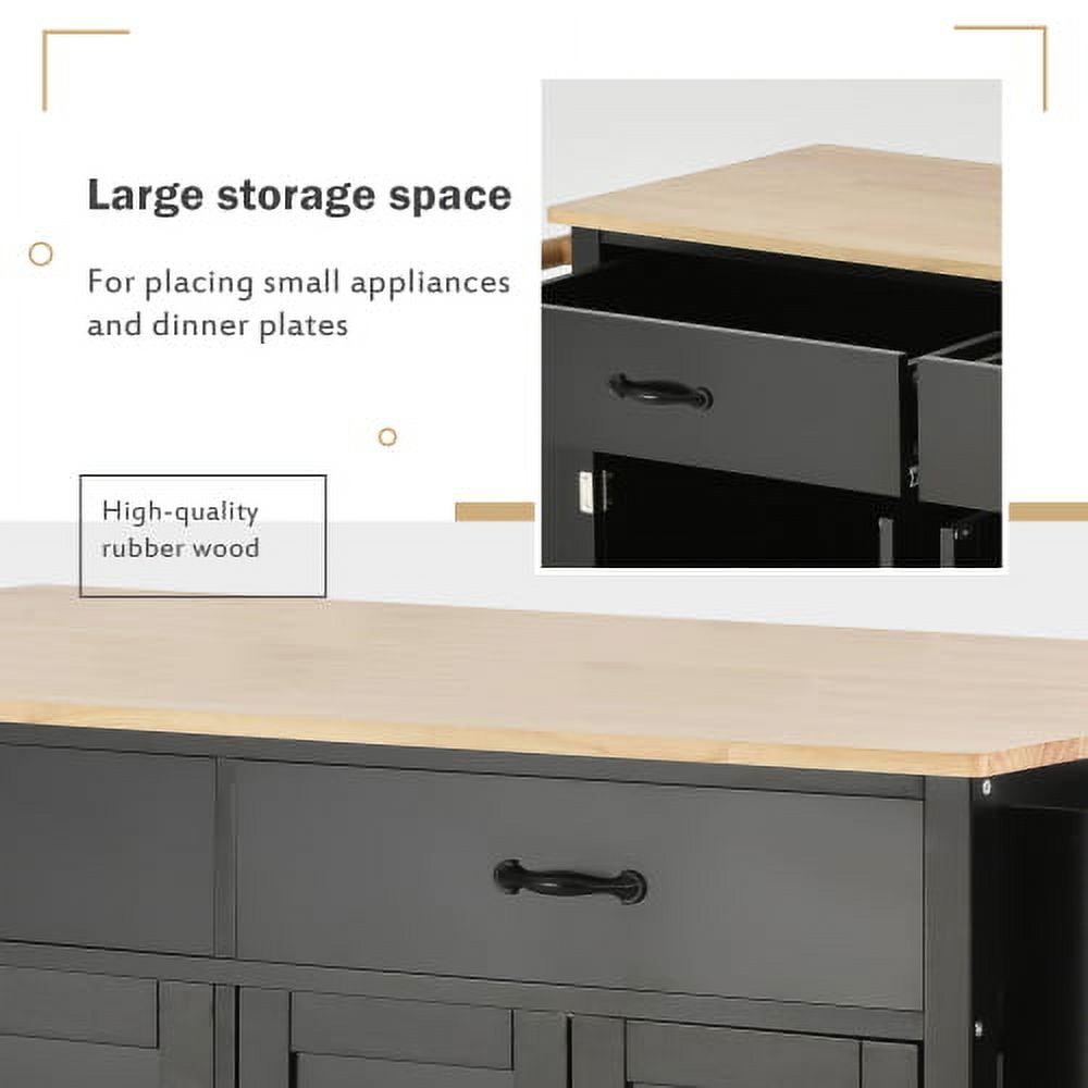 AVAXA 54.3 Inch Width Kitchen Island Cart with Solid Wood Top and Locking Wheels, 4 Door Cabinet and Two Drawers, Spice Rack, Towel Rack, Black