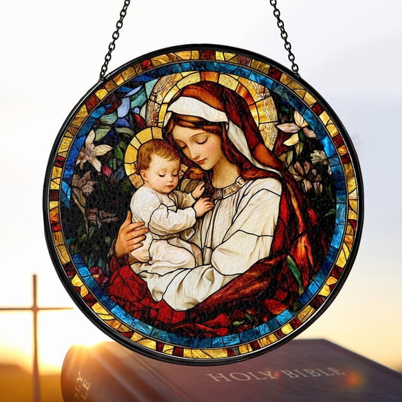 Virgin Mary Stained Glass Style Wall and Window Decoration, Virgin Mary Suncatcher Wall Art, Christian Home Decor Virgin Mary Window Hanging