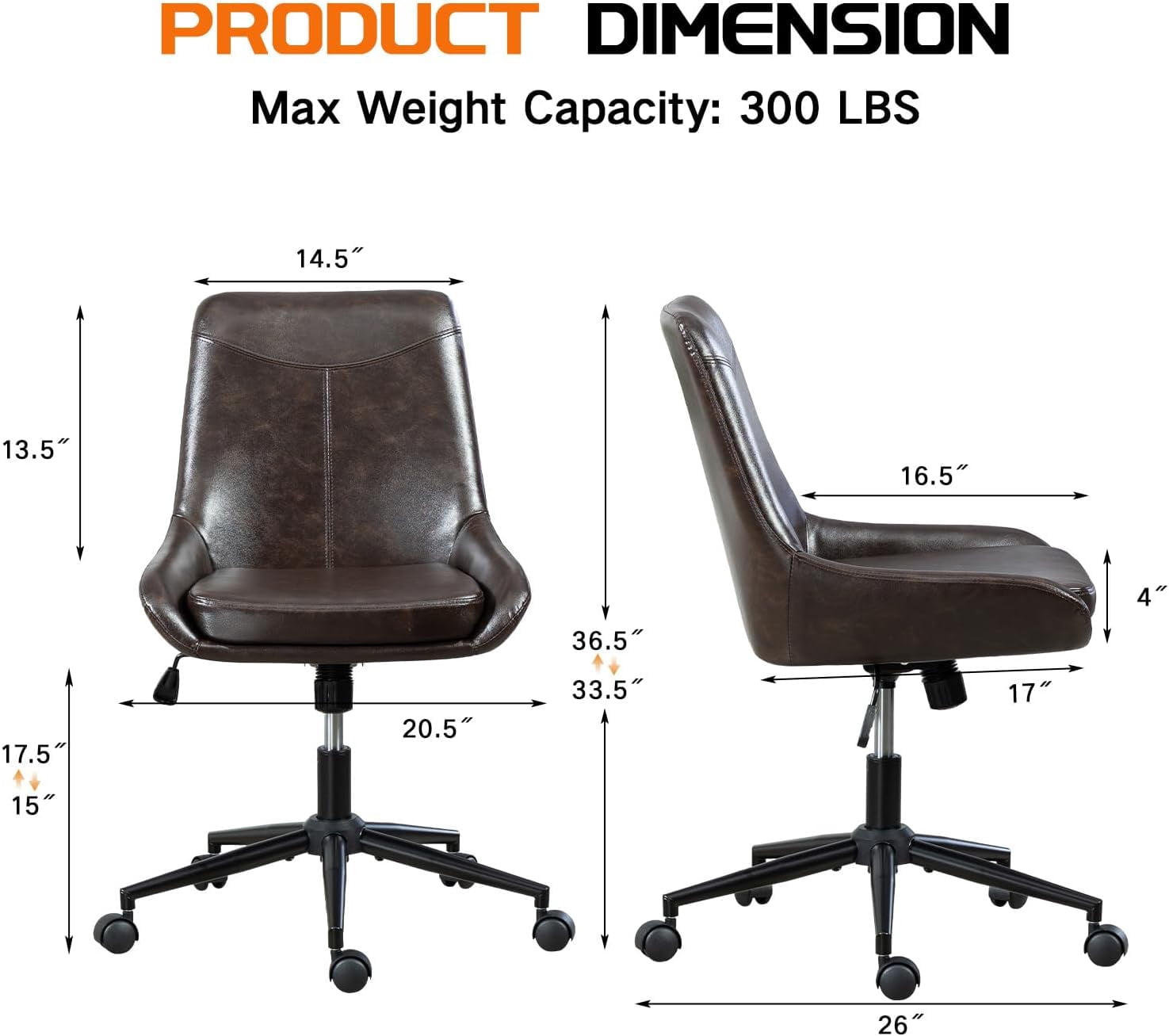 Faux Leather Home Office Chair，Comfortable Armless Task Chair Swivel Rolling Adjustable Height Home Office