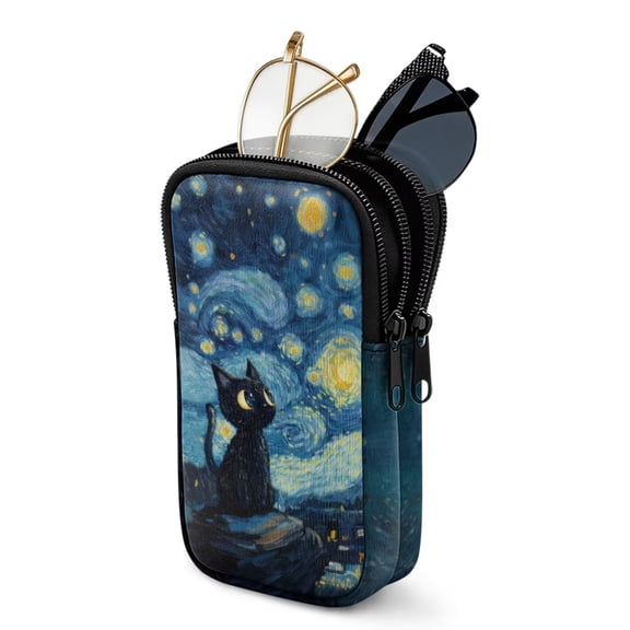 SEANATIVE Double Glasses Case for Women Men, Neoprene Zipper Eyeglasses Case Anti-Scratch Shockproof Lightweight Eyewear Pouch for Travel Outdoor Office Work, Black Cat Starry Night