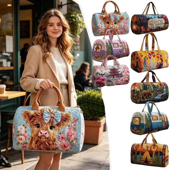 Quilted Duffel Bags for Traveling, Weekend Travel Tote Floral Embroidered Overnight Bag Weekender Carry On Barrel Bag for Women Girls, 16 Inch (A)