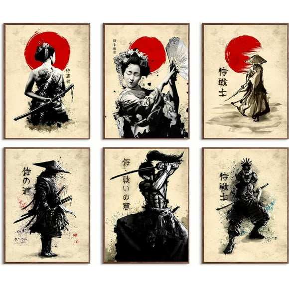 AIR-Japanese Style Geisha Samurai A Set of 6 Canvas Posters Canvas Print Wall Art Poster Family Decorative Painting Wall Art Canvas Posters Hanging Poster Gifts 8x10in (20x25cm)