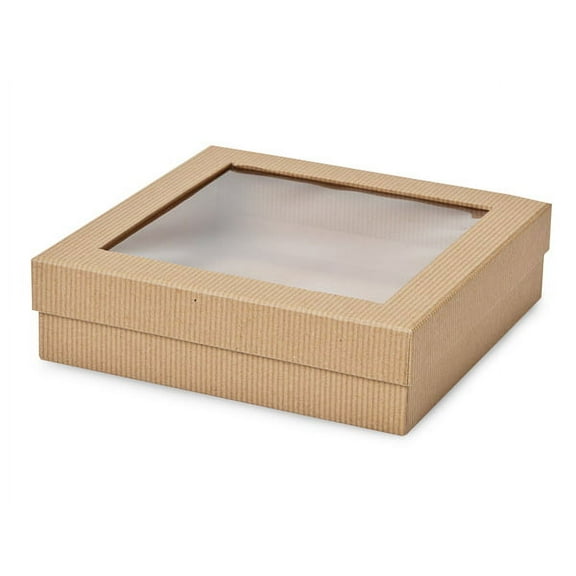 Pack of 18, Kraft Pinstripe X-Large Gourmet Rigid Window Box 7-7/8 x 7-7/8 x 2-1/8" As Gift Boxes & for Gourmet Candies & Food