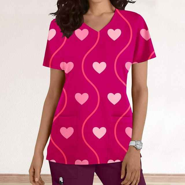 LSLJS Blouse à Manches Courtes Col en V pour Femmes, Uniforme de Travail, Impression Joyeuse Saint-Valentin avec Poche, Blouses Médicales pour Femmes