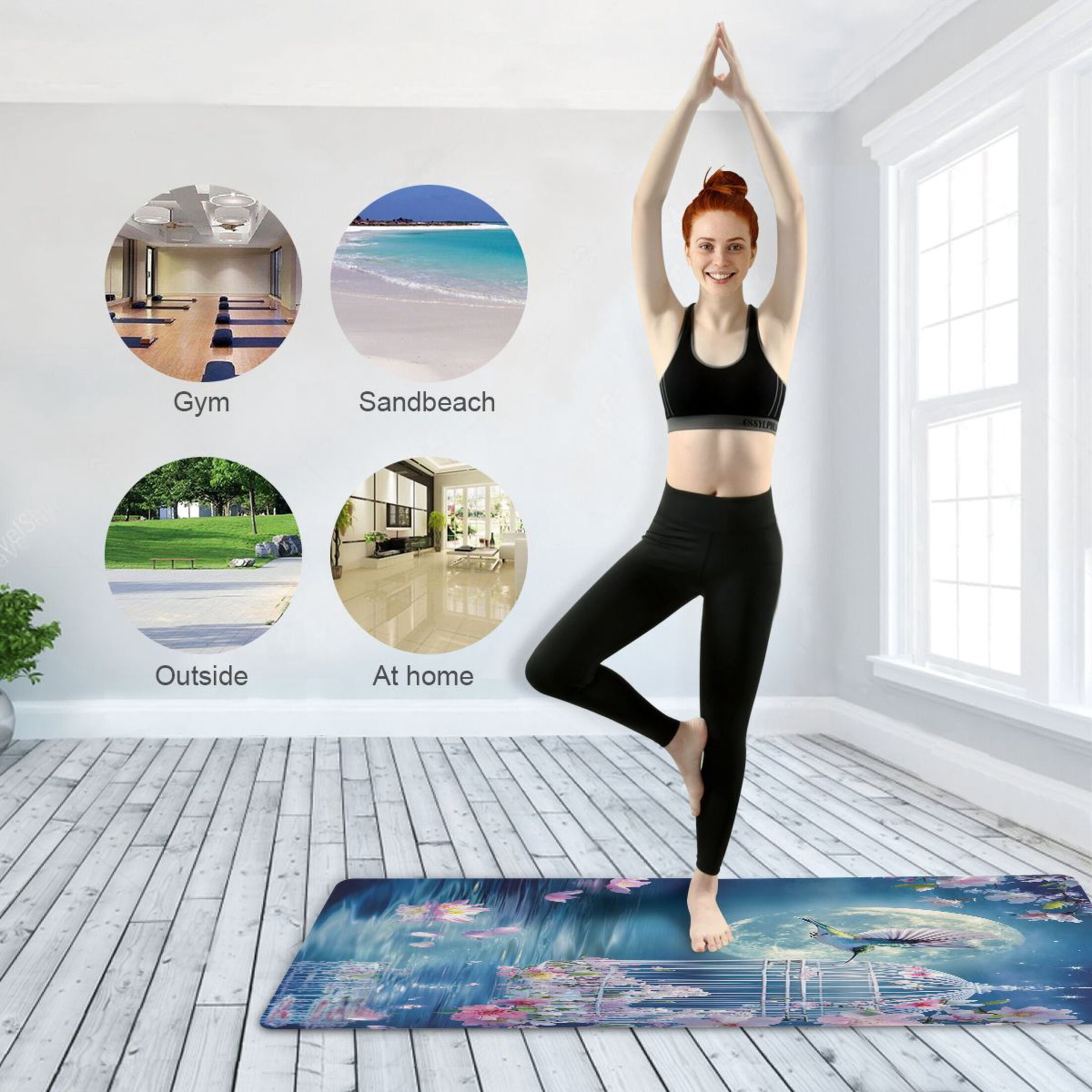 BZSMCE Yoga Mat Women Hummingbird Cage Flowers Moonlit Scene Fitness Mat