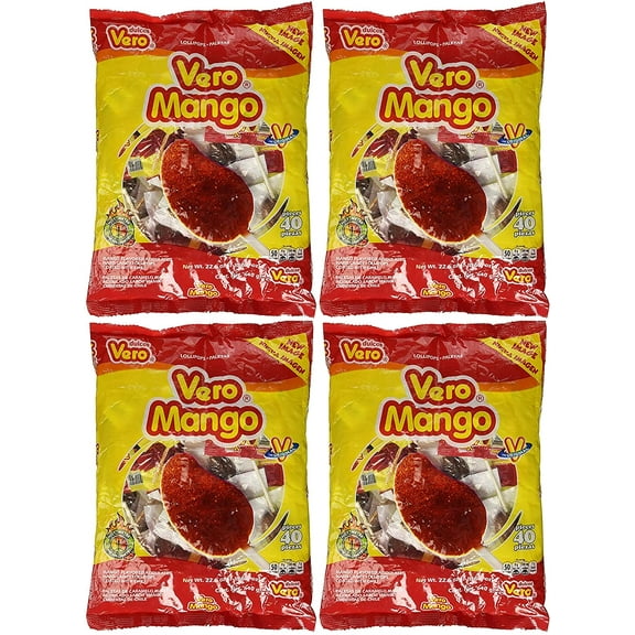 Vero Mango Flavor Hard Candy Lollipops, Coated with Chili, 22.6 oz. Bags (Pack of 4)