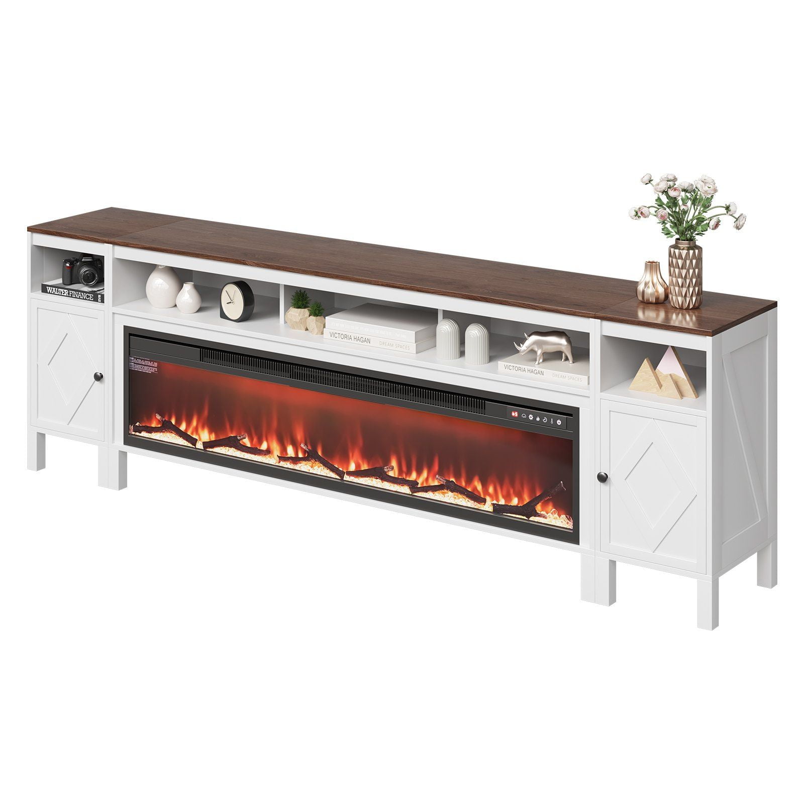 White Farmhouse Entertainment Center with 60" Fireplace & Drawers, TV Stand for TVs up to 100 Inches, Remote Controlled Electric Fireplace TV Cabinet