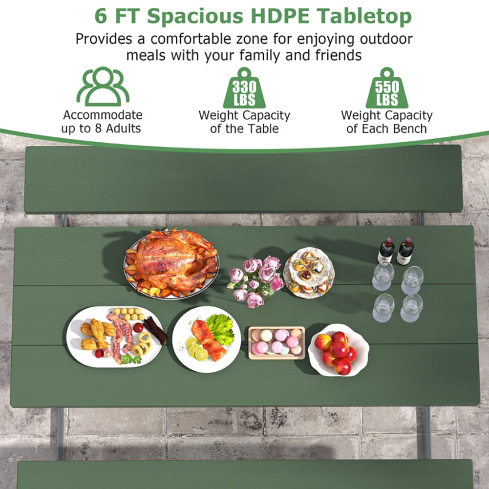 Aimee Lii 6 FT Picnic Table Bench Set Dining Table and 2 Benches with Metal Frame and HDPE Tabletop, Outdoor Patio Furniture, Green Aimee Lii 6 FT Picnic Table Bench Set Dining Table and 2 Benches with Metal Frame and HDPE Tabletop, Outdoor Patio Furniture, Green