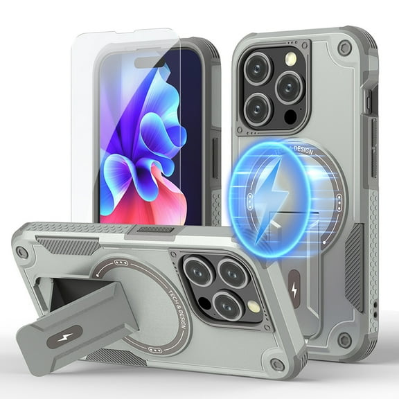 ELEHOLD for iPhone 11 Armor Case,Hybrid Hard PC Silicone Magnetic Rugged Stand Cover Compatible with Mag Safe Accessories Heavy Duty Shockproof Protective with Screen Protector,Grey