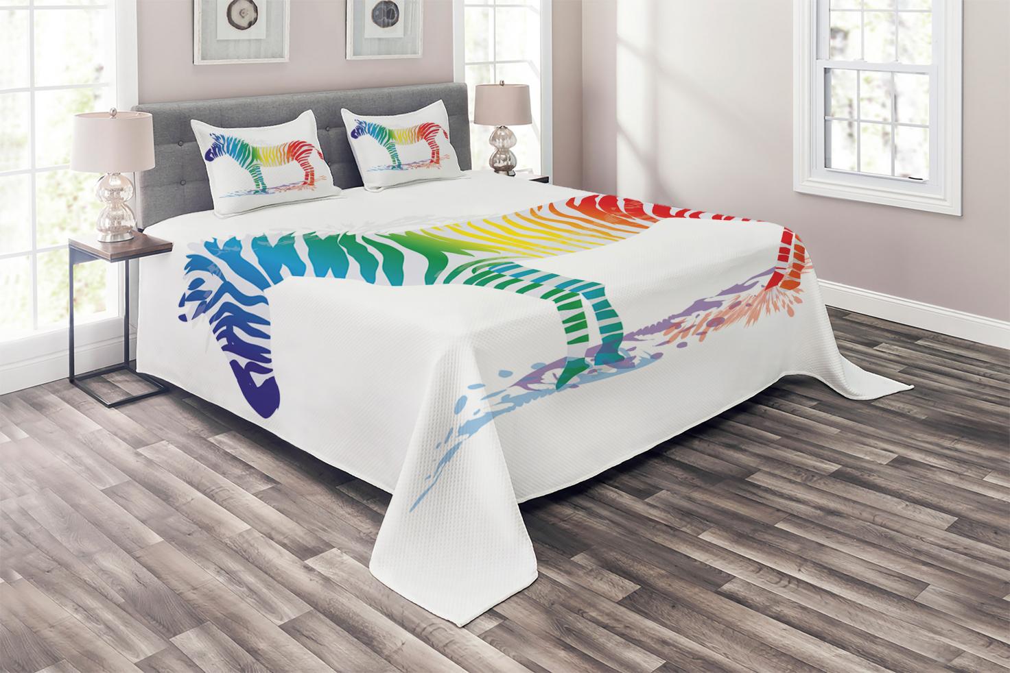 Funny Coverlet Set King Size, Zebra In Gradient Rainbow Colored Stripes