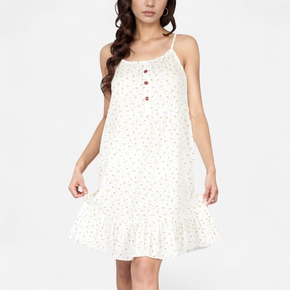Women's Sleeveless Mini Floral Sleepdress with Button Front Detail and Ruffle Hem - Small, White