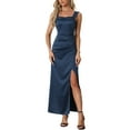 thumbnail image 1 of Vestido de satén INSPIRE CHIC para mujer con fruncido en el frente, elegante para invitadas de boda, con tirantes anchos, vestido maxi con abertura, talla XL, azul marino, 1 of 6