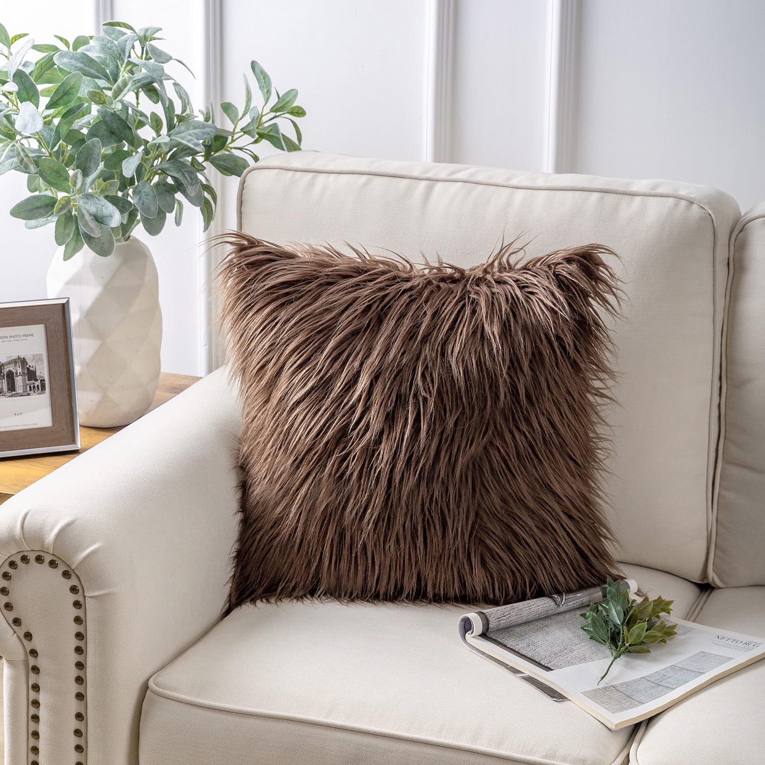 Phantoscope Designer's Choice Decorative Throw Pillow Set, Fluffy Faux Fur & Quilted Velvet Bundle, for Sofa Couch Bedroom, 18" x 18", Brown Fur and Yellow Green Velvet, 2 Pack