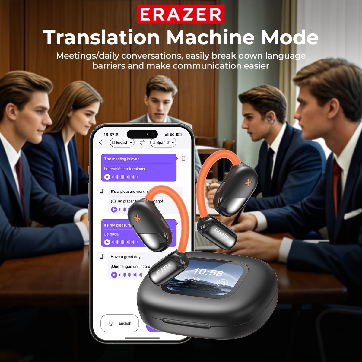 Open Ear AI Translation Wireless Earbuds - ERAZER Bluetooth 5.4, 130+ Language Translator, IPX5 Sweatproof for Running/Business