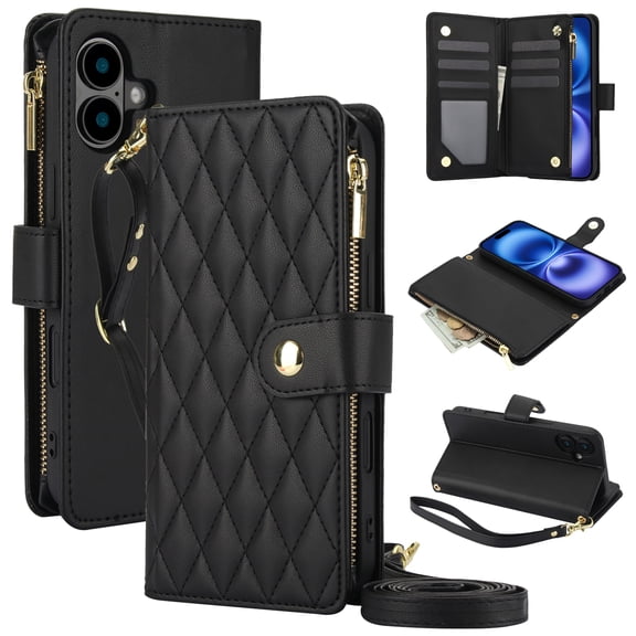 ELEHOLD Premium Leather Wallet Case For iPhone 16 Plus, Zipper Folio with 6 Card Slots Cash Pocket Magnetic Closure Protective Flip Wallet Case Cover with Wrist/Shoulder Strap,Black