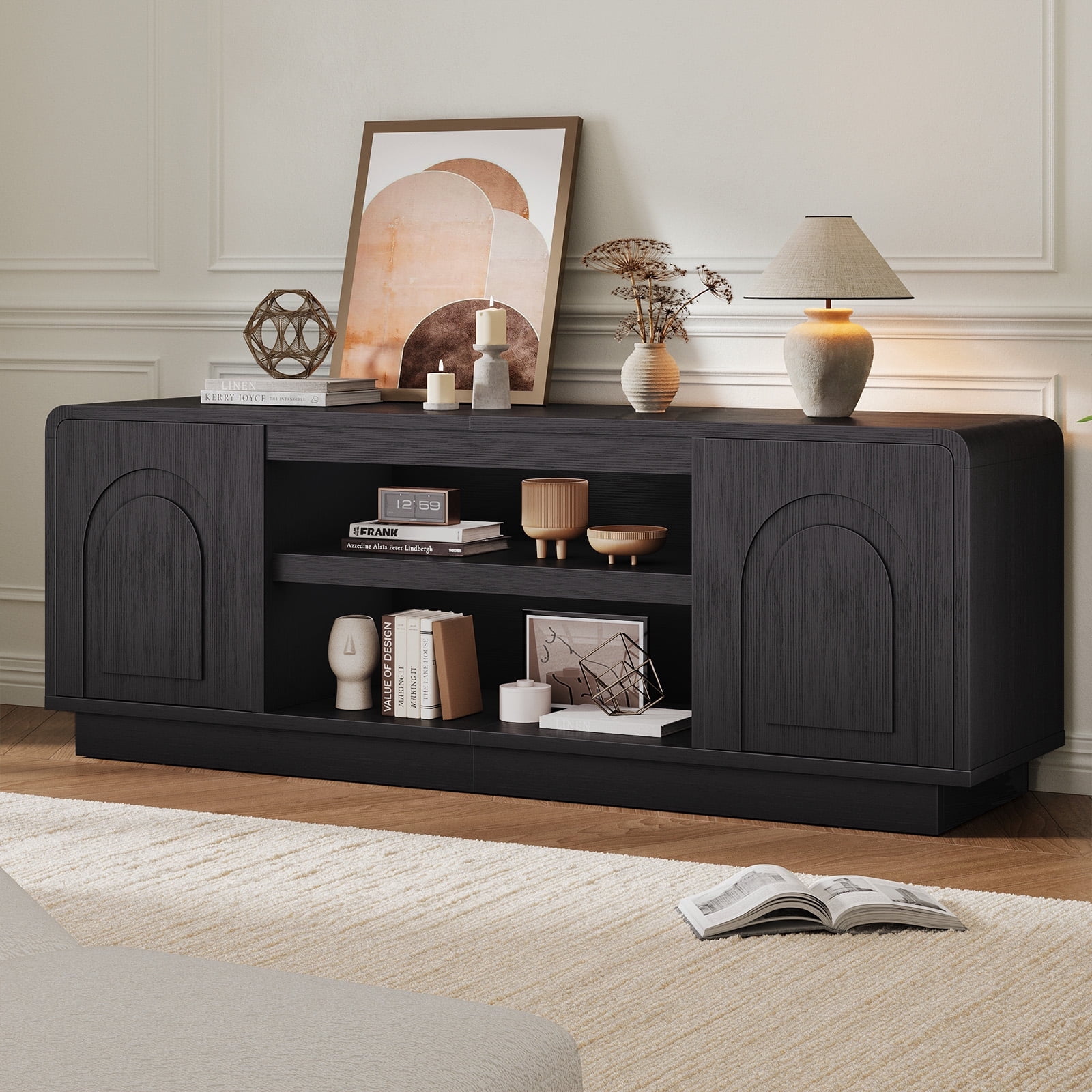 Bestier Arched Door Wooden TV Stand for TVs up to 70", Curved Corner Media Console with Open Shelf,Modern Entertainment Center with Dust-Free Enclosed Base,Black