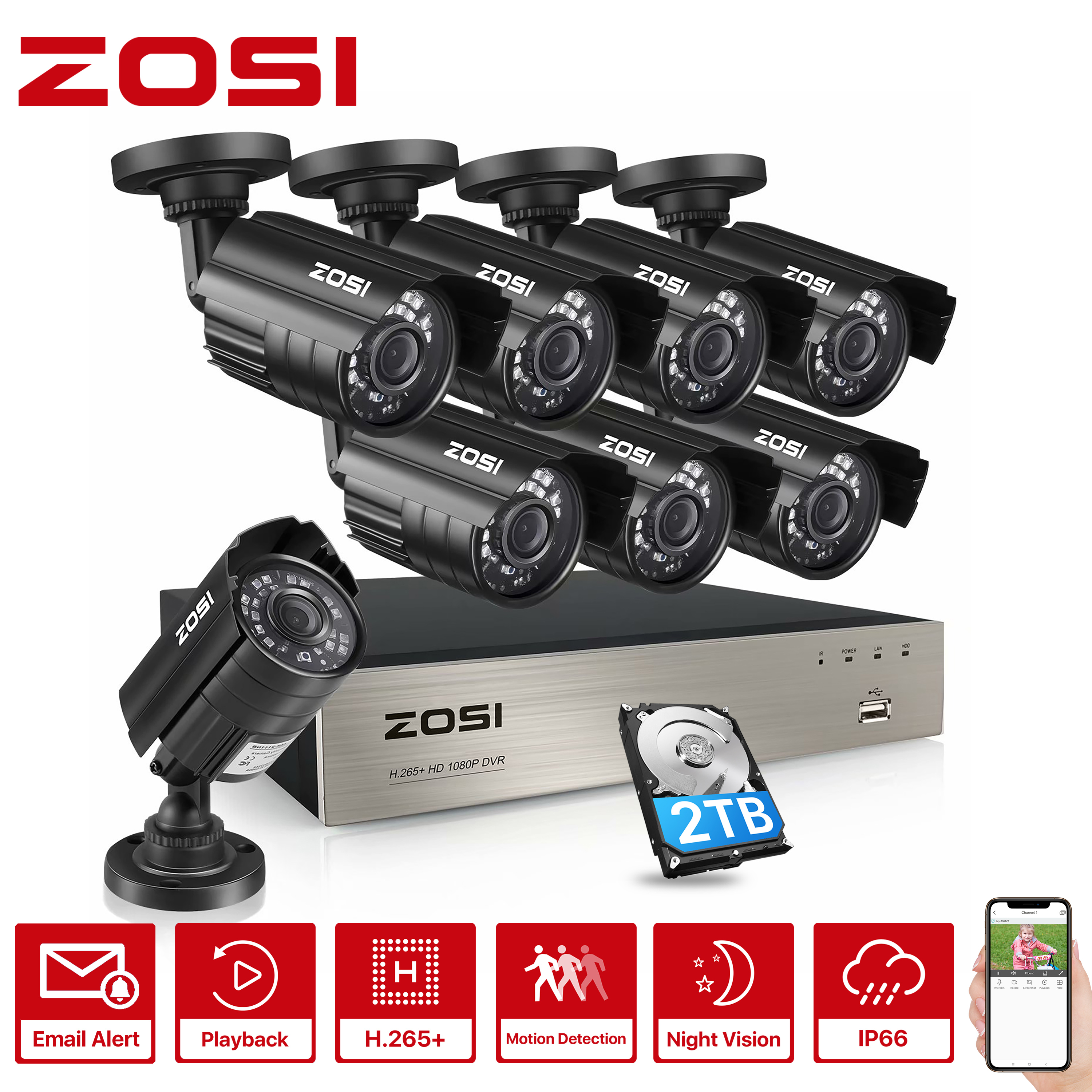 ZOSI 8CH 5MP Lite DVR 1080P Outdoor Indoor CCTV Security Camera System