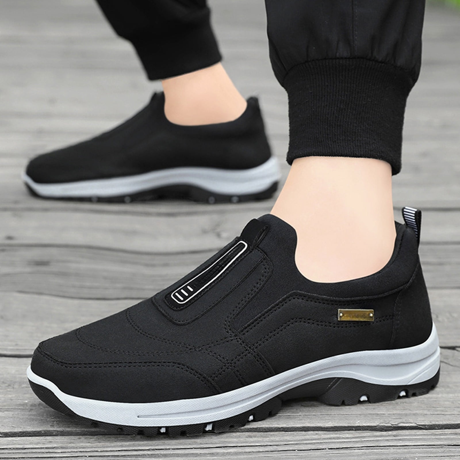 NexTorq Mens Lightweight Sneakers, Mens Casual Shoes, Orthopedic Shoes Men's Slip-On Lightweight Work Shoes for Outdoor Hiking Waterproof Canvas Walking Shoes with Arch Support Black 9