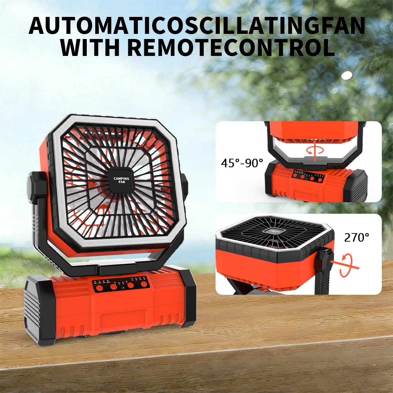 SuperRGB Portable Camping Fan, 20000mAh Rechargeable Battery Operated Fan with LED Light & Remote, 4 Speeds, Timer & Hanging Hook for Tent, Outdoor, Travel, Emergency Orange