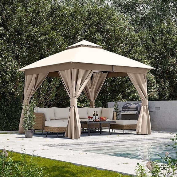 KAMEROUT 10'x10' Patio Gazebo with Mosquito Nettings & Privacy Screens, Double Roof Metal Frame for Backyard, Garden, Khaki