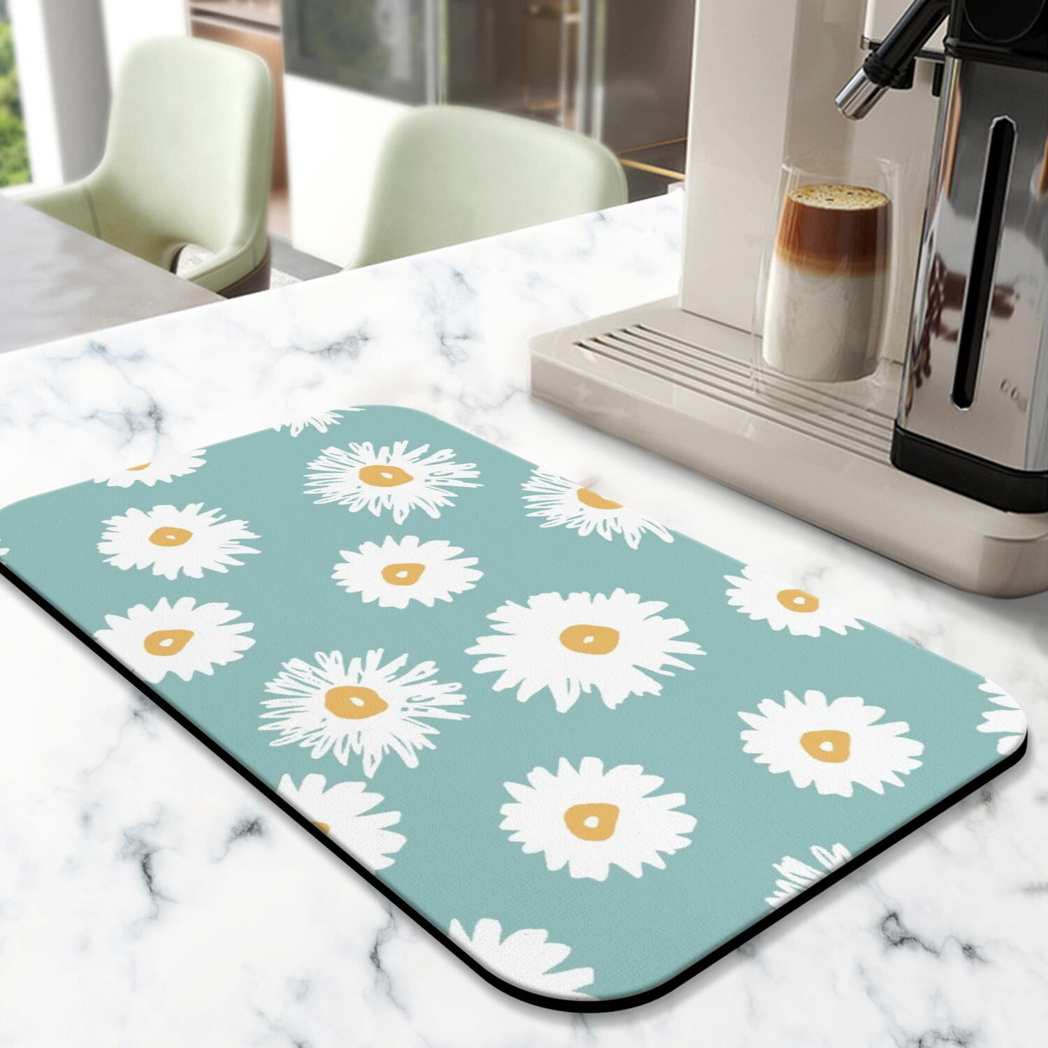 2 Pack Washable Rubber Daisy Cute Floral Dish Drying Mats for Kitchen Counter Home Large Coffee Bar Pad Accessories and Decor for Utensils Stemware (2pcs 18''x24''+19.5''x12'')