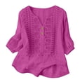 thumbnail image 5 of Womens 3/4 Sleeve Tops Cotton Linen Shirts Embroidered V Neck Button Boho Blouses Loose Fit Dressy Casual Tunic Top,Hot Pink,3XL, 5 of 8