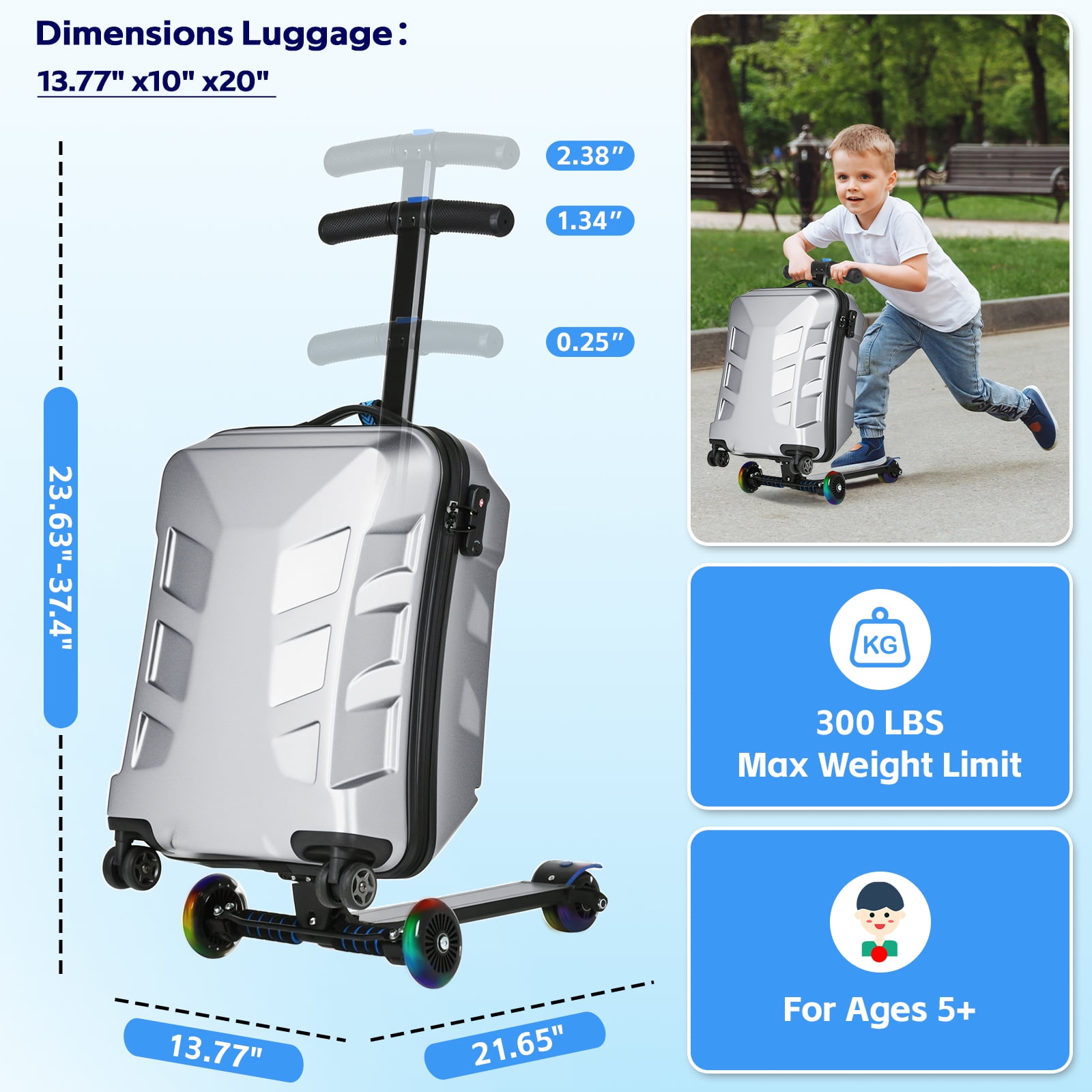Advwin Scooter Suitcase for Kids & Adults, 3-D Hardshell Ride On Scooter Luggage with LED Light Up Wheels, TSA Lock, Lightweight Foldable Carry On Rideable Suitcase for Children Teenagers, Silver