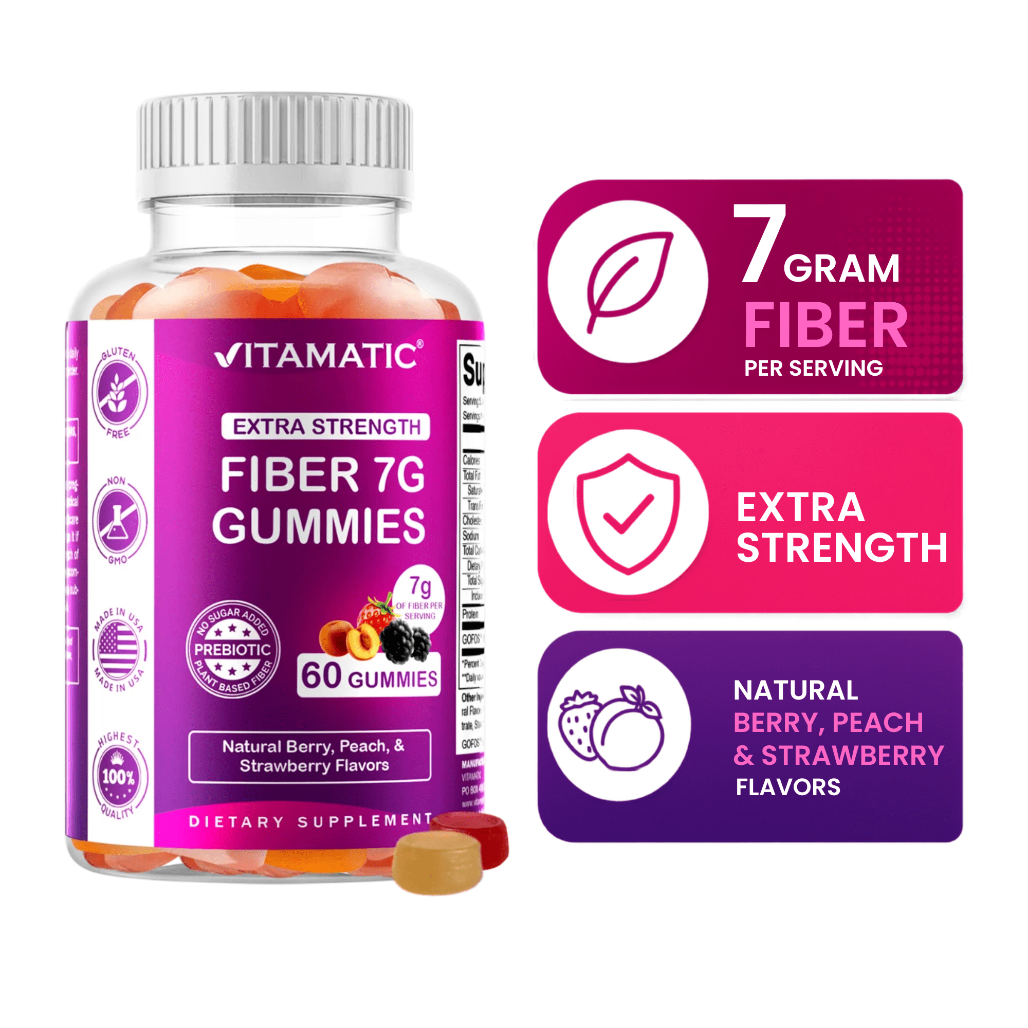 Vitamatic Prebiotic Fiber Gummies for Adults - 7G Fiber Extra Strength - Zero Sugar Added - 60 Pectin Based Gummies - Digestive Health & Regularity Support