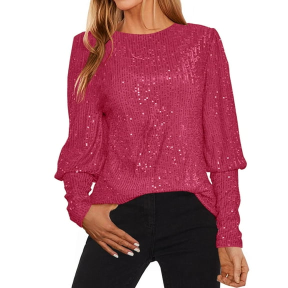 VISALY Sequin Tops for Women Glitter Shirts Shimmer Tops Sparkle Loose Crewneck Long Sleeve Blouses Elegant Casual Dressy Casual Slimming Blouses Sparkly Plus Size Holiday Party Outfit Hot Pink L